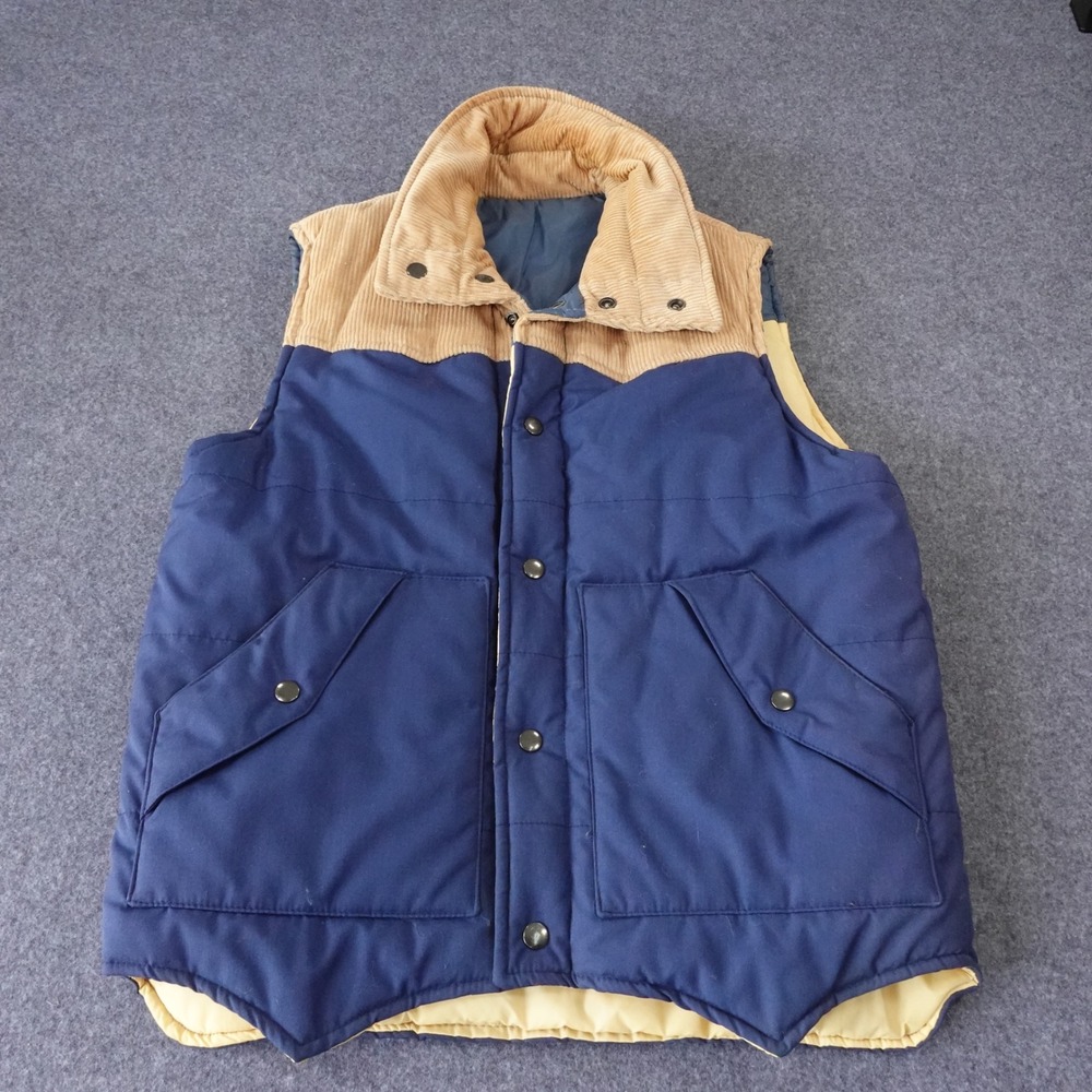 Vintage USA Reversible Puffer Vest Mens Medium Navy Blue Corduroy Collar Western